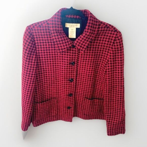 90s Vintage Tweed Jacket Wool Plaid Houndstooth Red 16P Clueless Preppy Academia - Picture 4 of 11